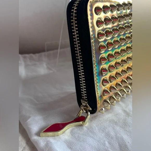 NEW Christian LOUBOUTIN Panettone Iridescent Gold Studded Red Leather Wallet